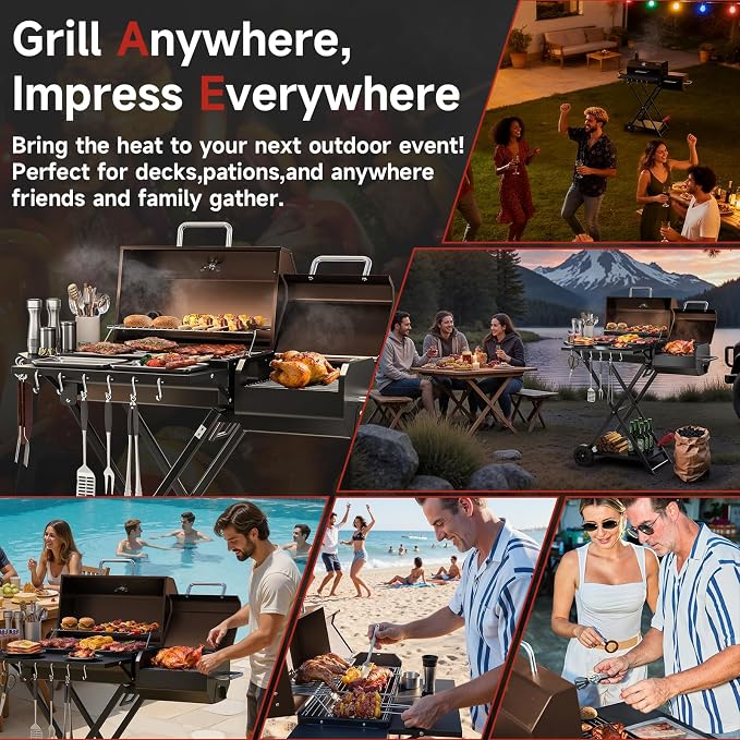 Portable Charcoal Grill with Smoking Function, Foldable Suitcase Design with - Image 5