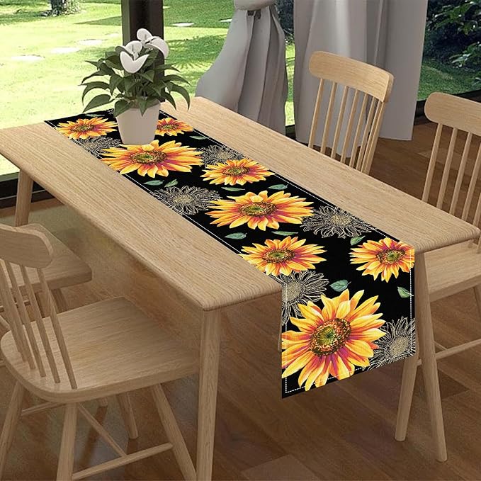 Black Yellow Floral Table Runner, Watercolor Sunflowers Vase Spring Sunshine - Image 2