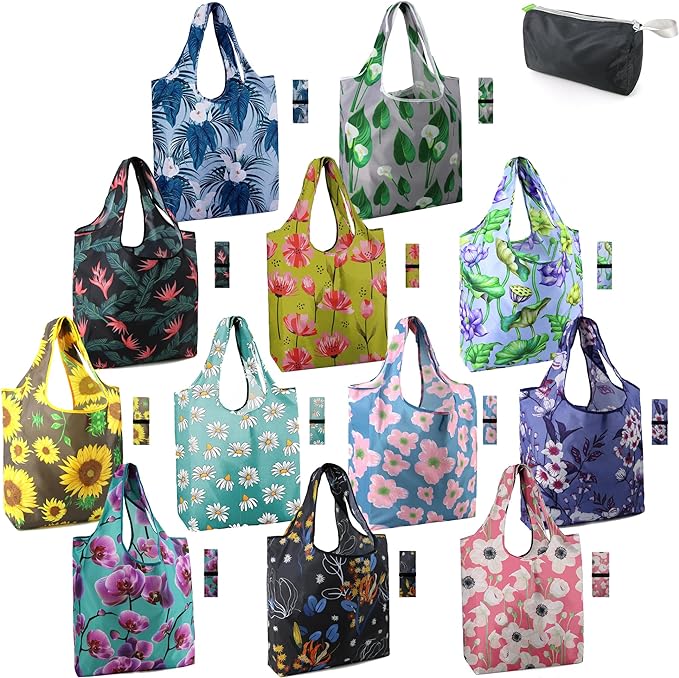 BeeGreen 12 Packs Flower Reusable Grocery Bags Reusable Tote Bags Extra Large by BeeGreen