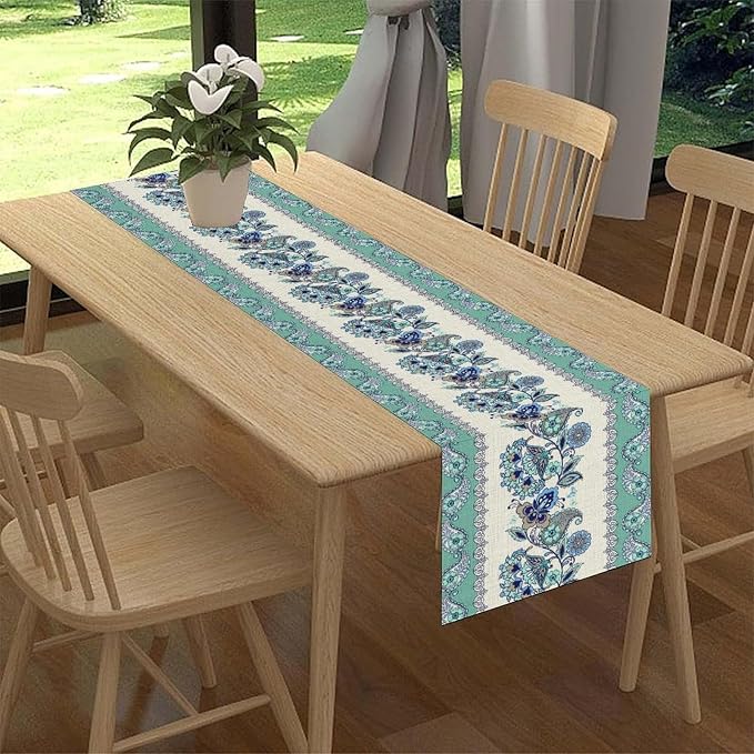 Paisley Table Runner, Vintage Teal Damask Floral Flower Boho Antique Damask - Image 2