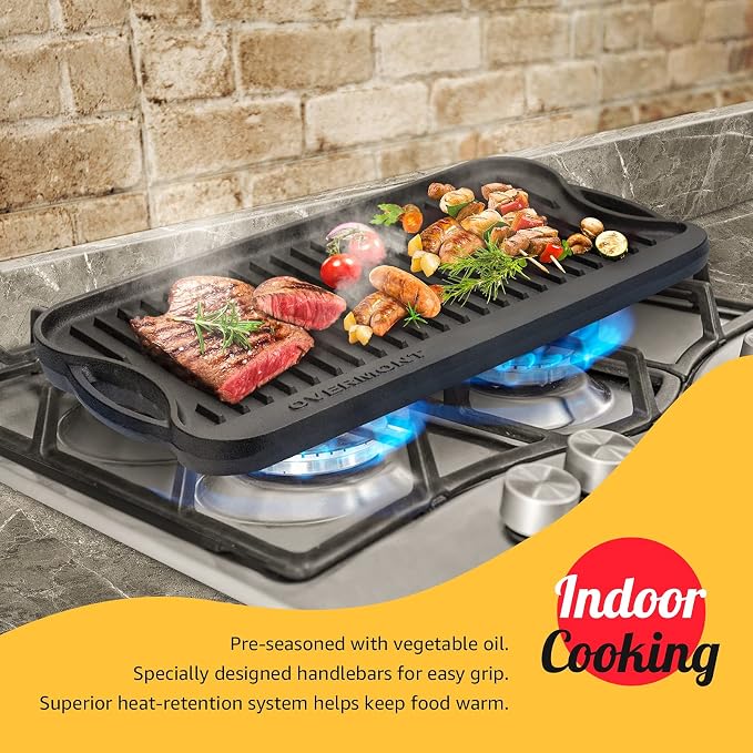 Overmont Pre-seasoned 17x9.8" Cast Iron Reversible Griddle Grill Pan - Image 4