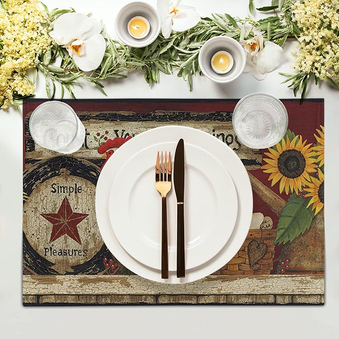 Giwawa Vintage Rooster Placemats Set of 4 Farmhouse Chicken Linen Table Mat - Image 3