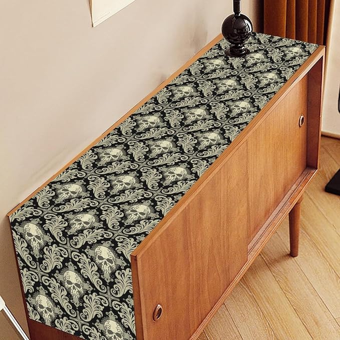 Skull Table Runner, Retro Antique Gothic Damask Pattern Classic Halloween Boho - Image 3