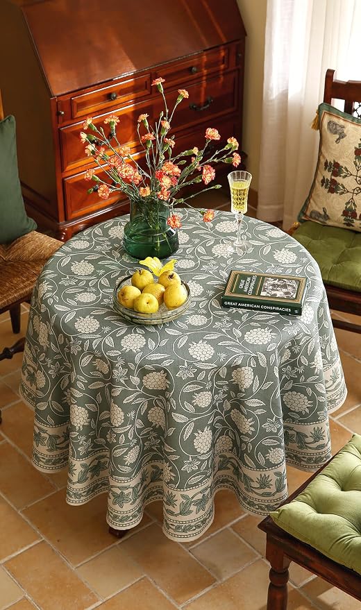 ISAENNE Designer Grayish Green Linen Small Round Tablecloth, Floral Stain - Image 8