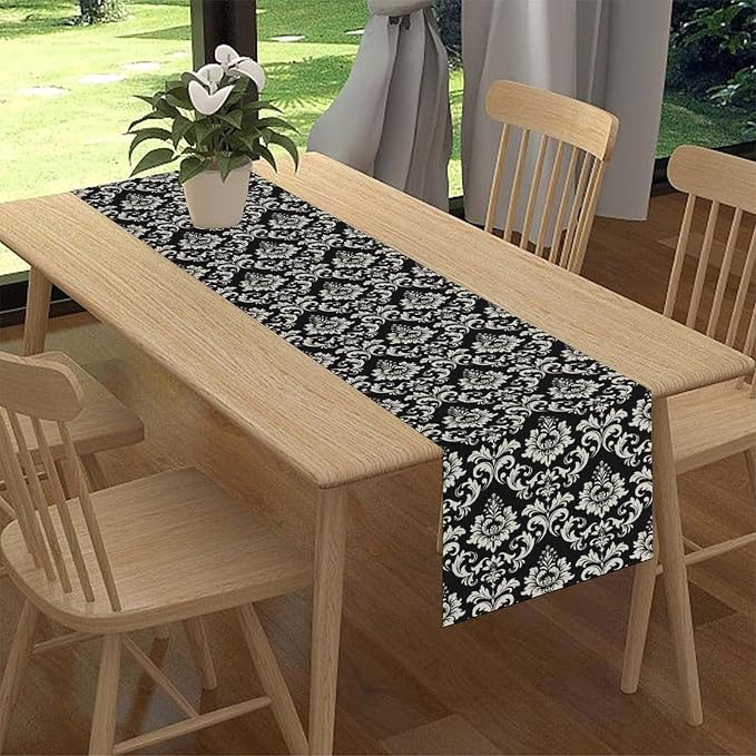 Black Damask Table Runner, Rustic Gothic Baroque Style Floral Boho Flower - Image 2