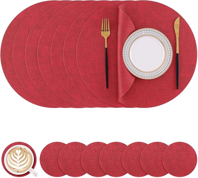 Homaxy Round Faux Leather Placemats and Coasters, Washable Dual-Side Table Mats by Homaxy