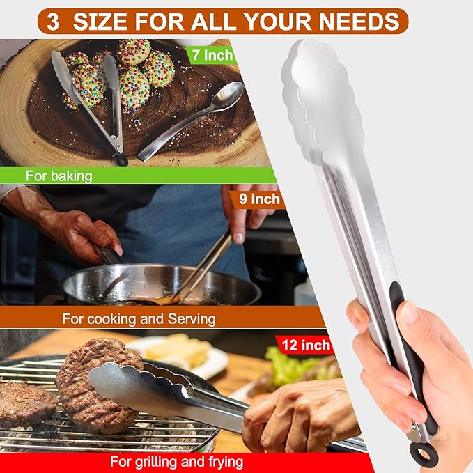 Tongs 9-Piece Stainless Steel Set with 7, 9 and 12 Inch Sizes