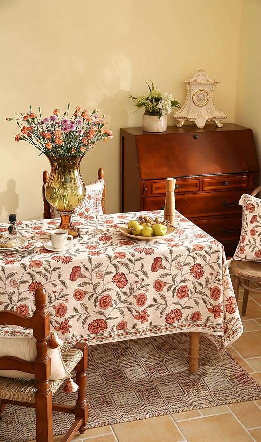 ISAENNE Designer French Extra Long Rectangular Tablecloth, Linen Orange Floral - Image 8
