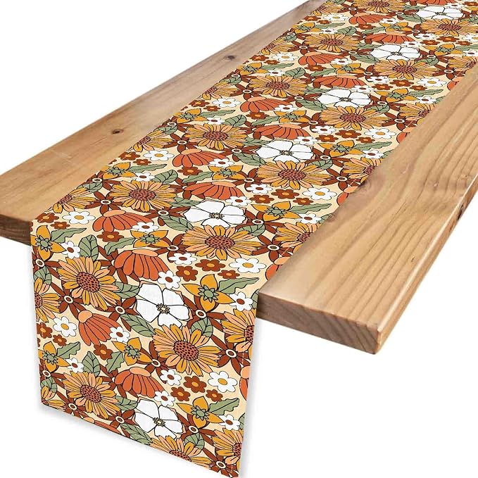 70s Floral Table Runner, Retro Groovy Hippie Oange Floral Funky Daisy Trippy - Image 4