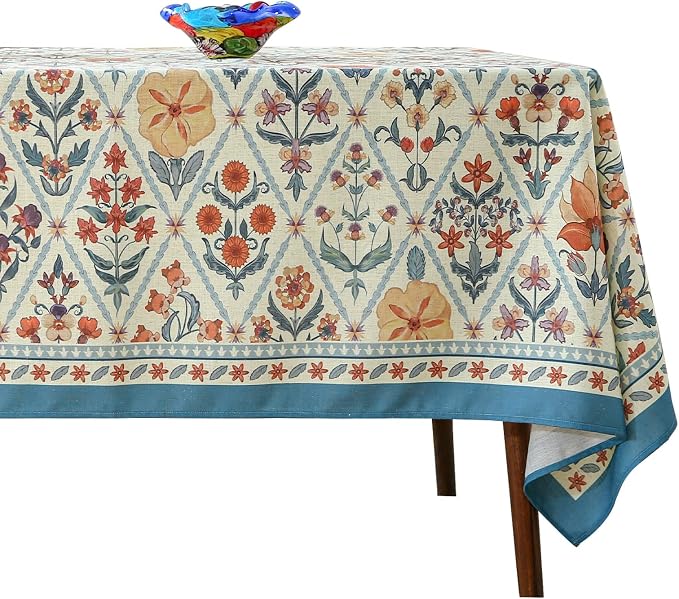 ISAENNE Designer Linen Elegant Long Tablecloth Rectangular, Colorful Floral by Isaennehomedecoration