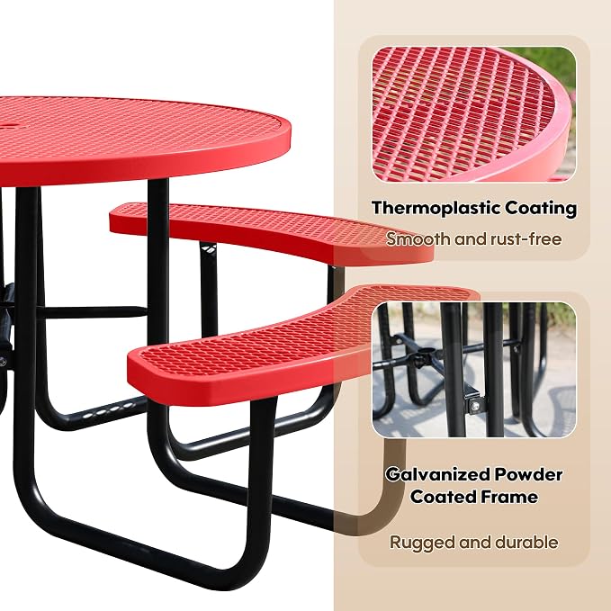46'' Round Metal Picnic Table for Outdoors, Commercial Steel Metal Picnic Tables - Image 5