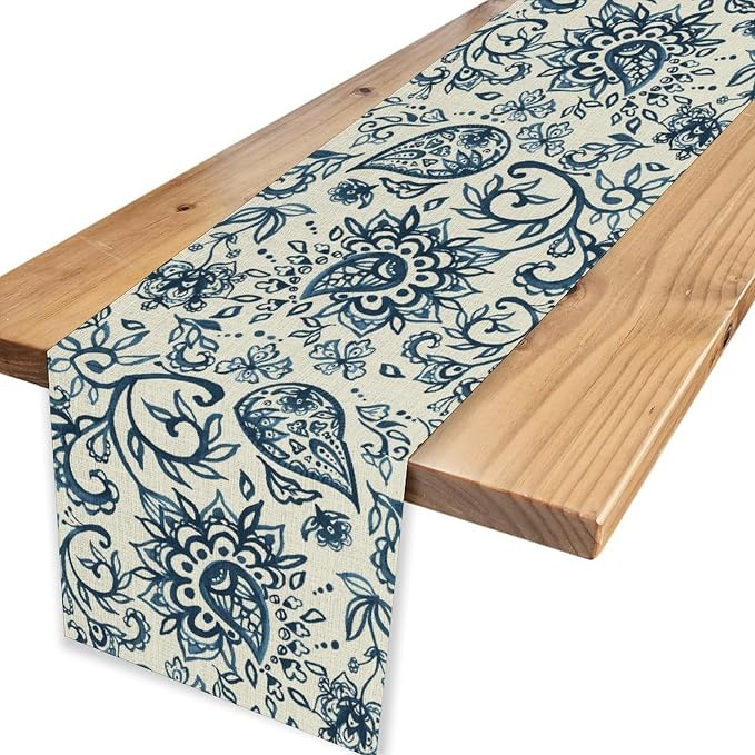 Blue Paisley Table Runner, Vintage Damask Antique Floral Flower Boho Damask - Image 4