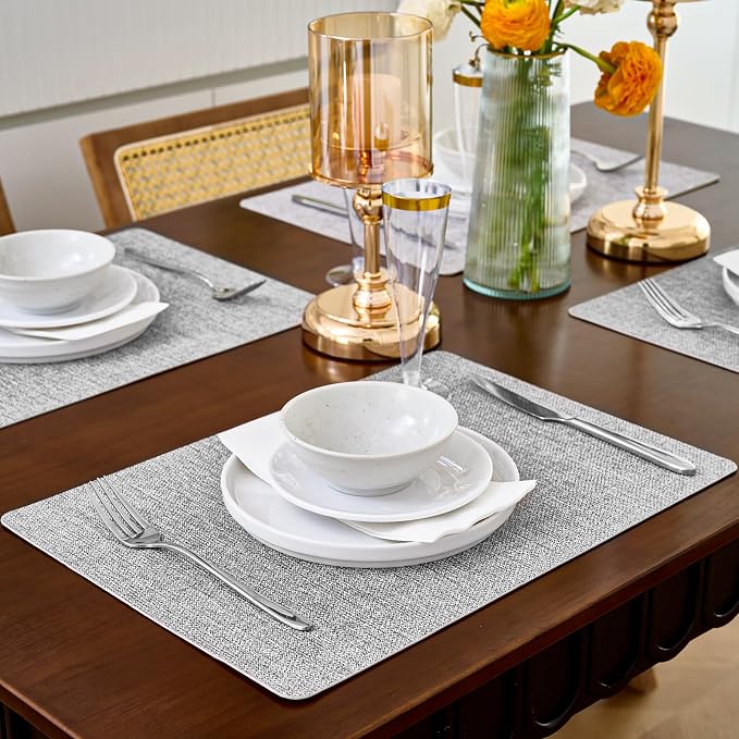 FOCUSLINE Faux Leather Placemats Set of 6, Light Grey Table Place Mats - Image 8