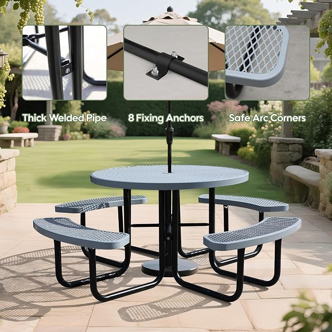 46'' Round Metal Picnic Table for Outdoors, Commercial Steel Metal Picnic Tables - Image 6