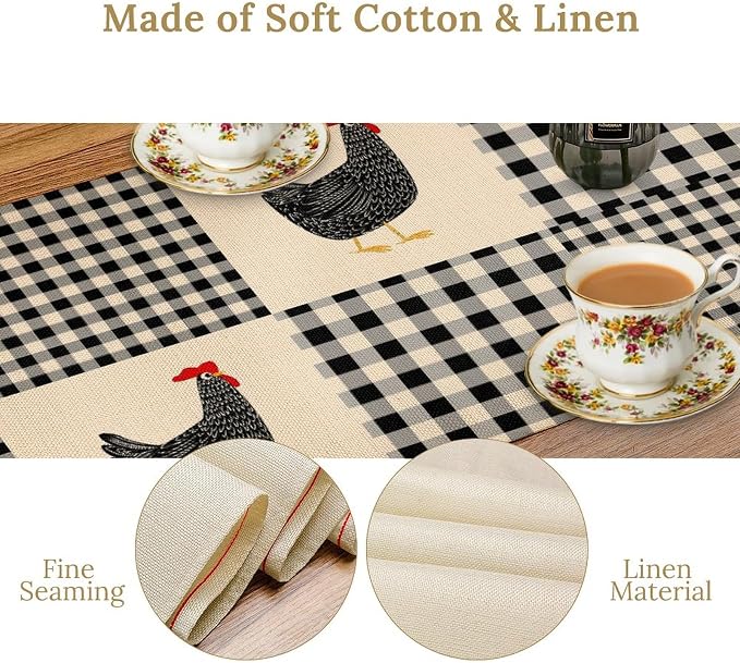 Farm Animal Table Runner, Chicken Hen Black White Buffalo Plaid Check Farmhouse - Image 4