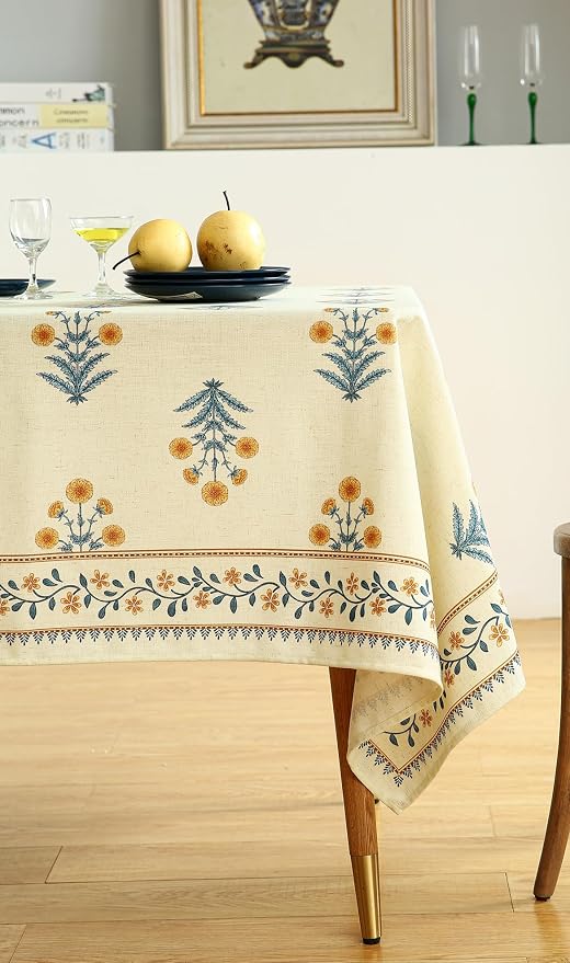 ISAENNE Designer French Pale Yellow Small Rectangular Tablecloth, Linen Floral - Image 8
