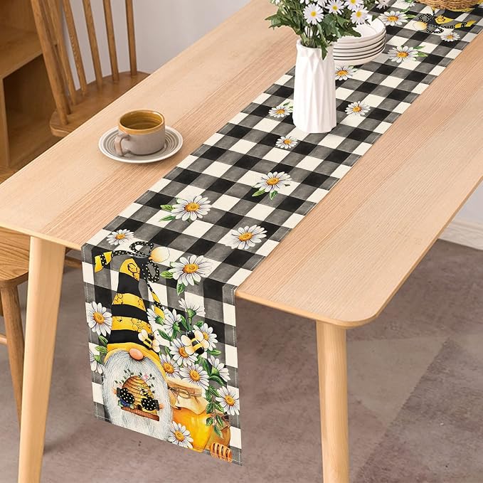 Seliem Spring Bee Gnome Table Runner, Honey Black White Buffalo Plaid Check - Image 4