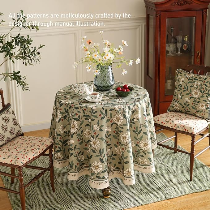 ISAENNE Designer Green Linen Small Round Tablecloth, Floral French Country - Image 4