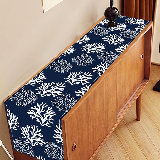 Coastal Table Runner, Summer Seasonal Beach Navy Blue Coral Nautical Tropical - Image 3