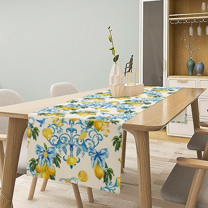 Lemon Table Runner, Summer Hummingbirds Flower Bows Print Table Runner - Image 3