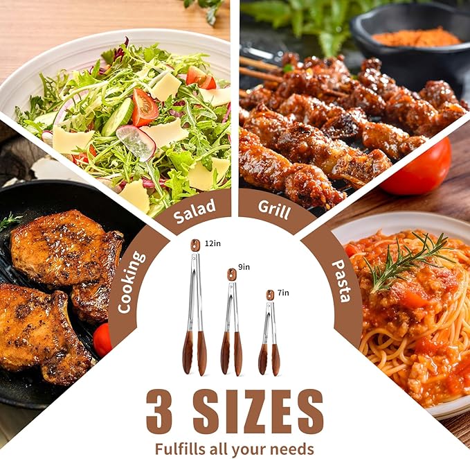 Walnut Wood Cooking Tongs Set of 3 with Pull-Ring Lock, 7, 9 and 12 Inch