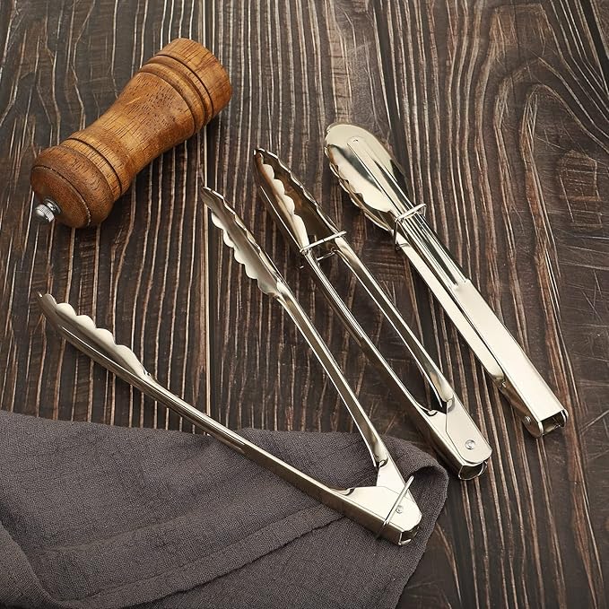 Serving Tongs 3-Pack, Silver Aluminum, 9-Inch Locking Tongs with Scalloped Tips
