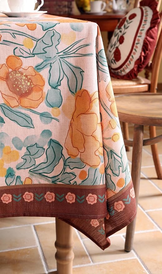 Vintage Linen Extra Long Rectangle Tablecloth, Italian Orange Floral Wrinkle - Image 8
