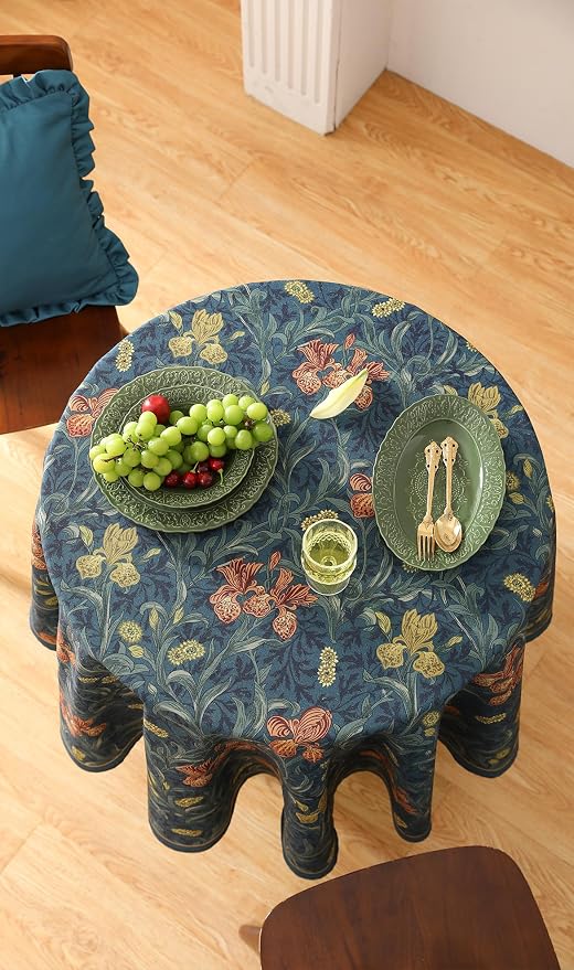patdrea Designer Dark Blue Linen Round Tablecloth, Vintage French Rustic Floral - Image 7