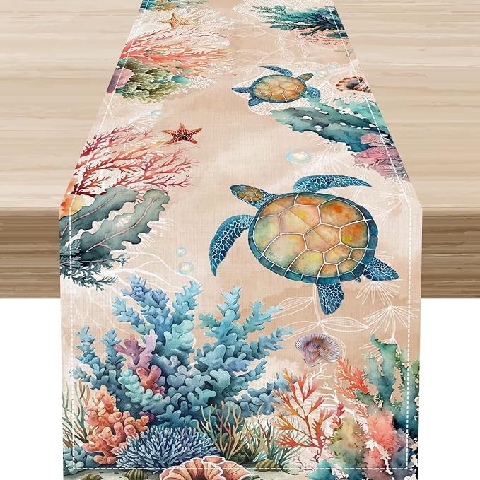 Retro Sea Turtle Table Runner, Nautical Starfish Underwater Coral Seashell by Unknown
