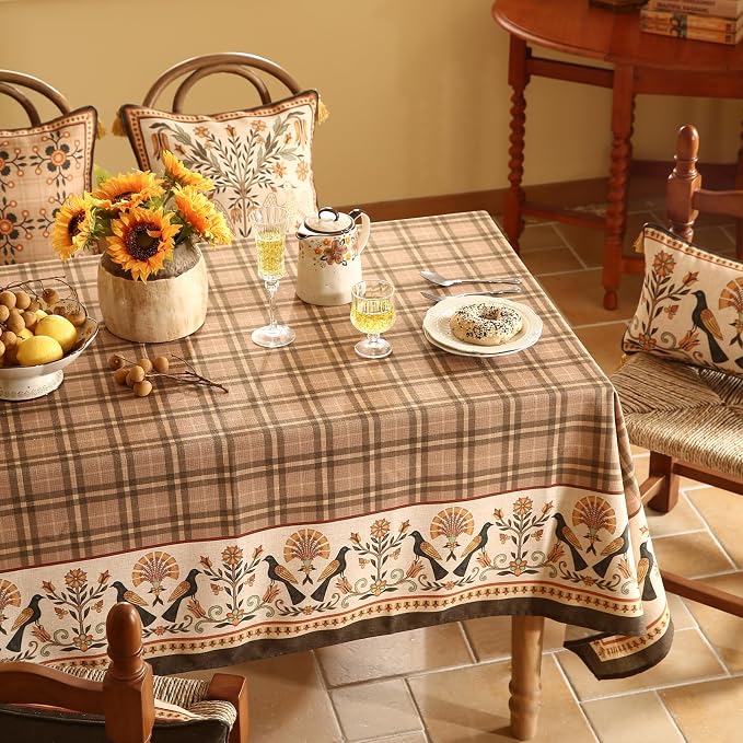 Vintage Brown Checkered Rectangle Tablecloth, Italian Floral Linen Wrinkle - Image 9