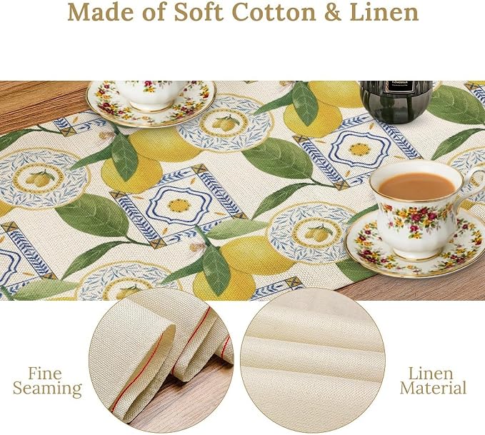 Tiles Lemon Table Runner, Watercolor Italian Tile Floral Plant Print Table - Image 4