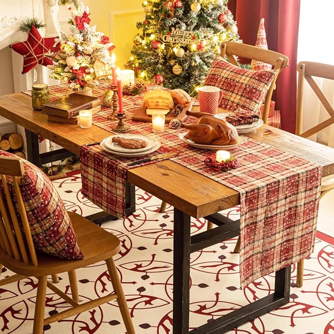 Red Plaid Snowflake Christmas Table Runner, Winter Holiday Table Runners 72 - Image 2