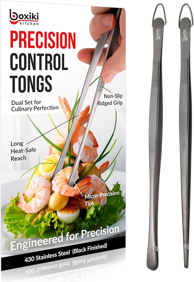 Tongs: 2-Piece Black 430 Stainless Steel Tweezer Set