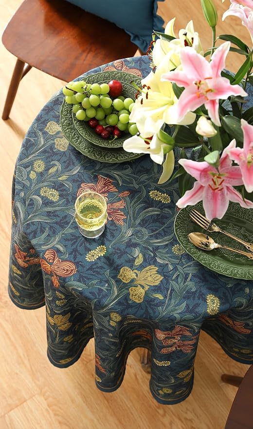 patdrea Designer Vintage Dark Blue Linen Round Tablecloth, French Rustic Floral - Image 9