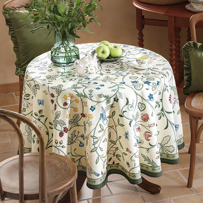 Linen 55 Inch Round Tablecloth, Wrinkle Resistant French White and Green - Image 8