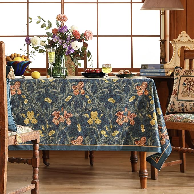 patdrea Designer Vintage Dark Blue Linen Rectangle Tablecloth, French Rustic - Image 2