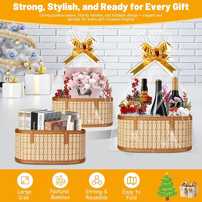 Leevcok 3 Set Baskets for Gifts Empty, Large Bamboo Gift Basket - Image 7