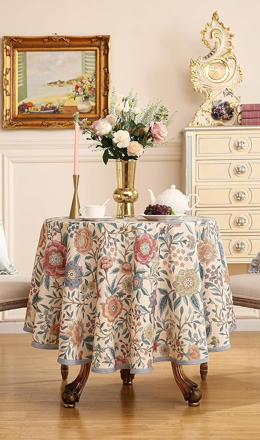 Designer Vintage Linen Round Tablecloth, French Rustic Floral Table Cloth - Image 8