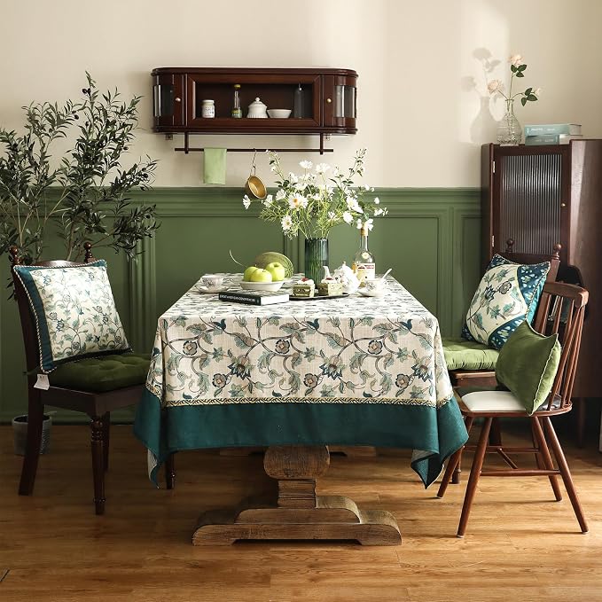 patdrea Designer Green Linen Extra Long Rectangle Tablecloth, Vintage Floral - Image 8