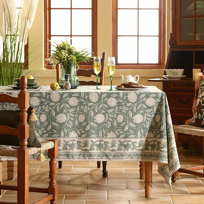 ISAENNE Designer Grayish Green Linen Square Tablecloth, Floral Elegant Stain - Image 2