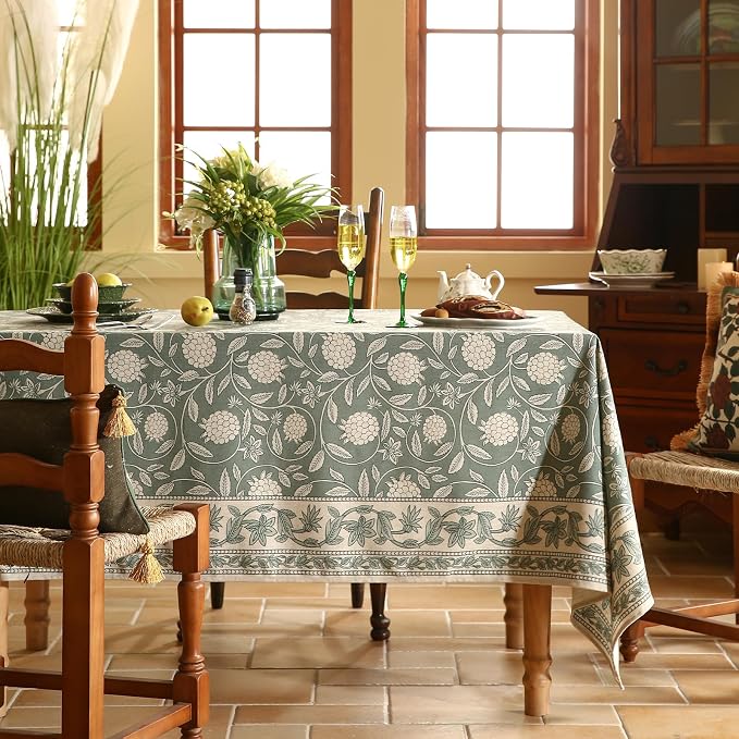 ISAENNE Designer Grayish Green Linen Extra Long Tablecloth Rectangle, Floral - Image 2