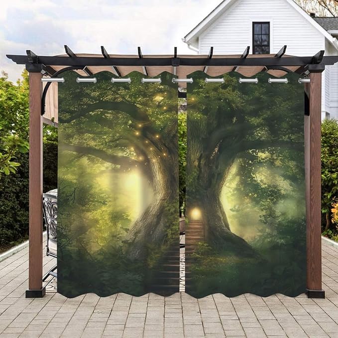 Fantasy Theme Outdoor Curtains for Patio Waterproof, Forest Pattern, Privacy by Lirduipu