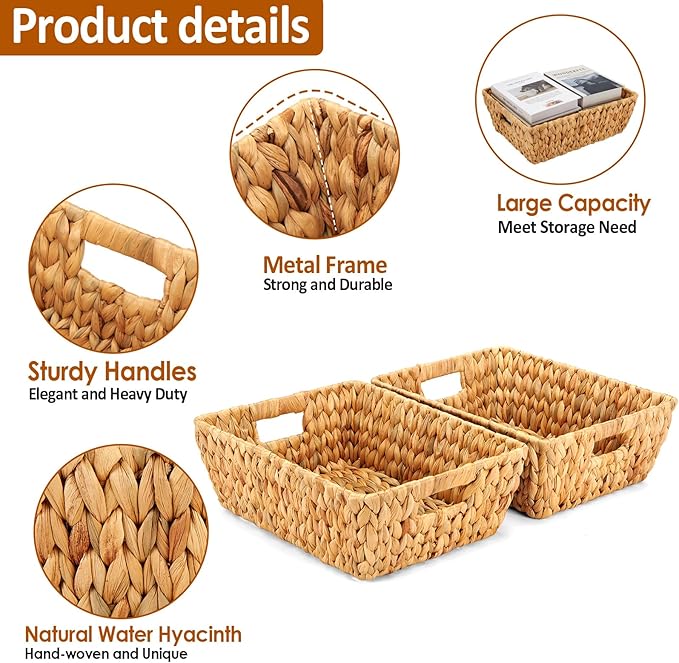 Wicker Baskets 2 Pack, Water Hyacinth Wicker Storage Basket - Image 3