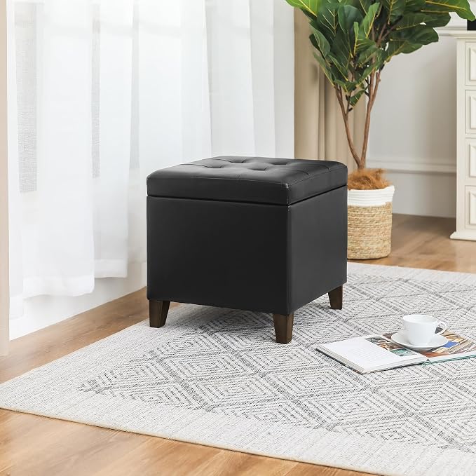 Homebeez Black Tufted Faux Leather Storage Ottoman Square Cube Foot Rest Stool - Image 7