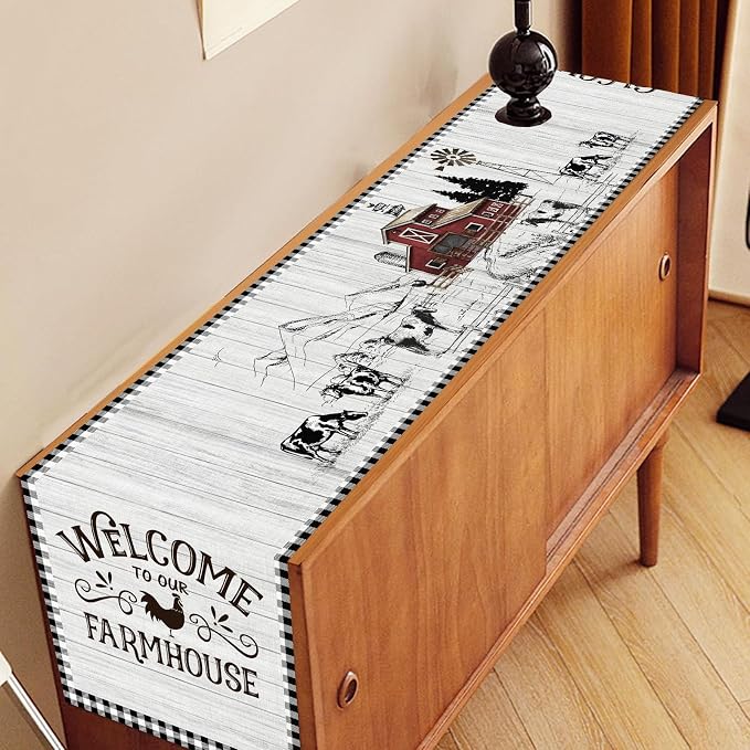 Farmhouse Rooster Table Runner, Rustic Farm Animals Cow Pig Chicken Coffee - Image 3