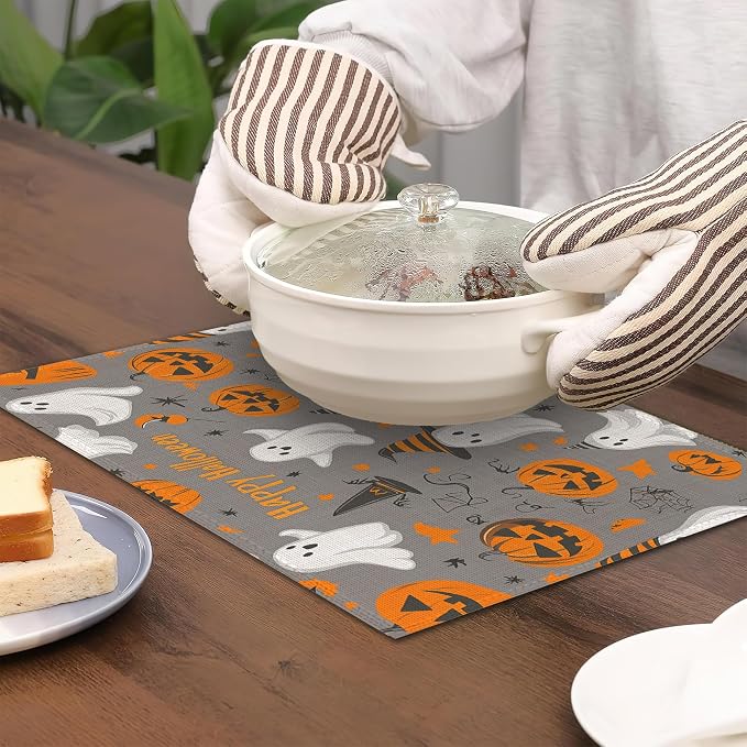 Placemats Set of 6, Pumpking Ghost Table Mats, Halloween Washable Linen Table - Image 4