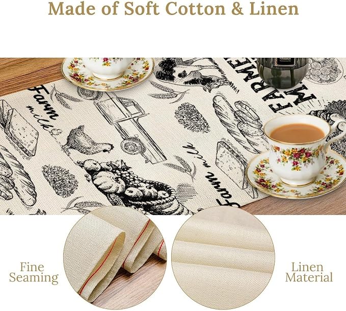 Farm Animals Table Runner, Rustic Farmhouse Cow Pig Rooster Watercolor Coffee - Image 5