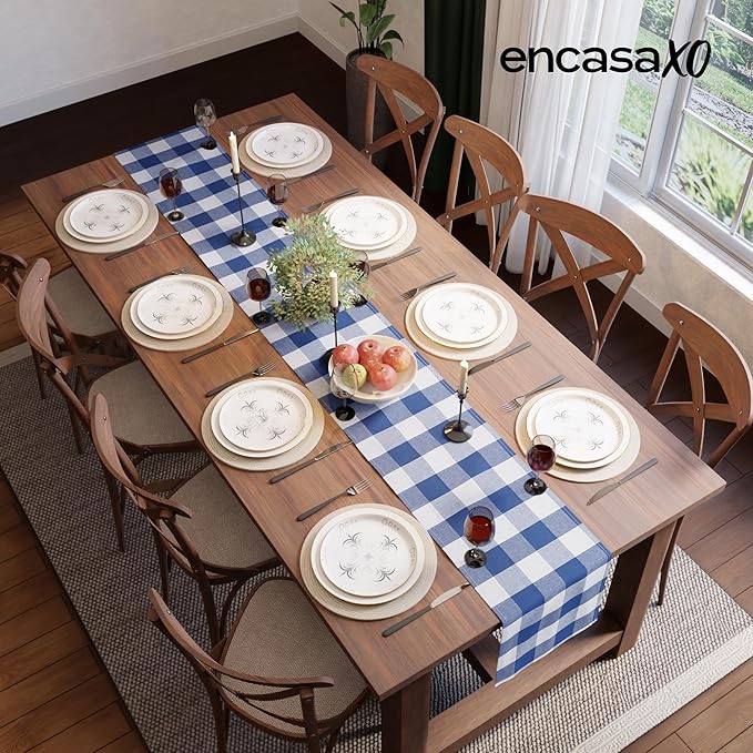 Encasa XO Cotton Dining Table Runner | Buffalo Blue Checks | Size 13x104 in - Image 4