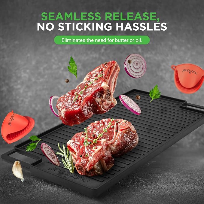 NutriChef Cast Iron Reversible Grill Plate – 18 Inch Flat & Ridged Skillet - Image 5