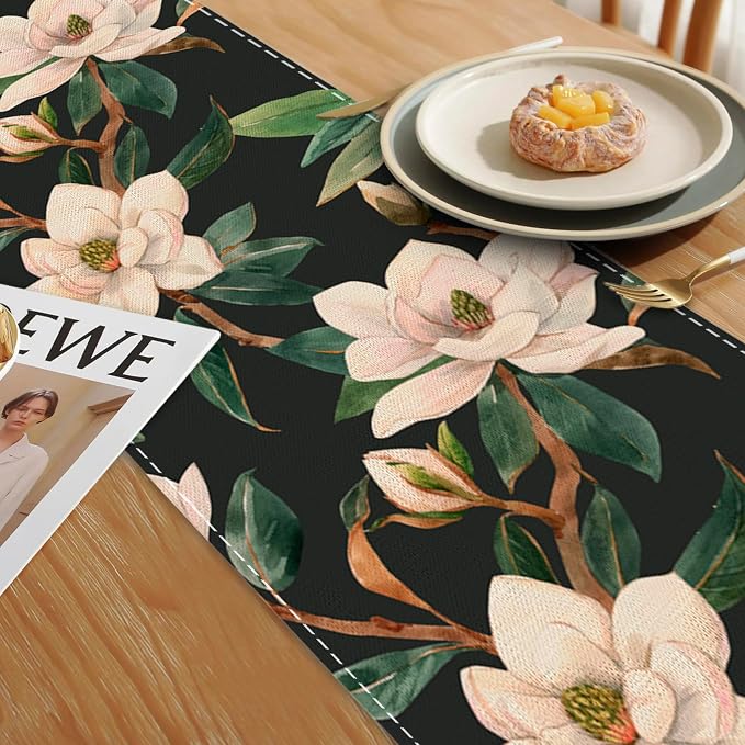 Table Runner White Magnolia Flowers Table Runners Summer Seasonal Kitchen - Image 6